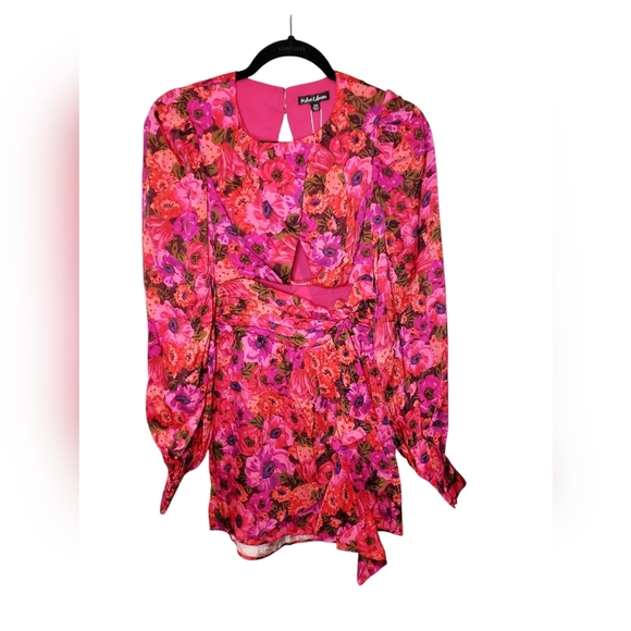 For Love And Lemons Lauren Long Sleeve Floral Red Pink Mini Dress XXS NWT - Picture 2 of 5